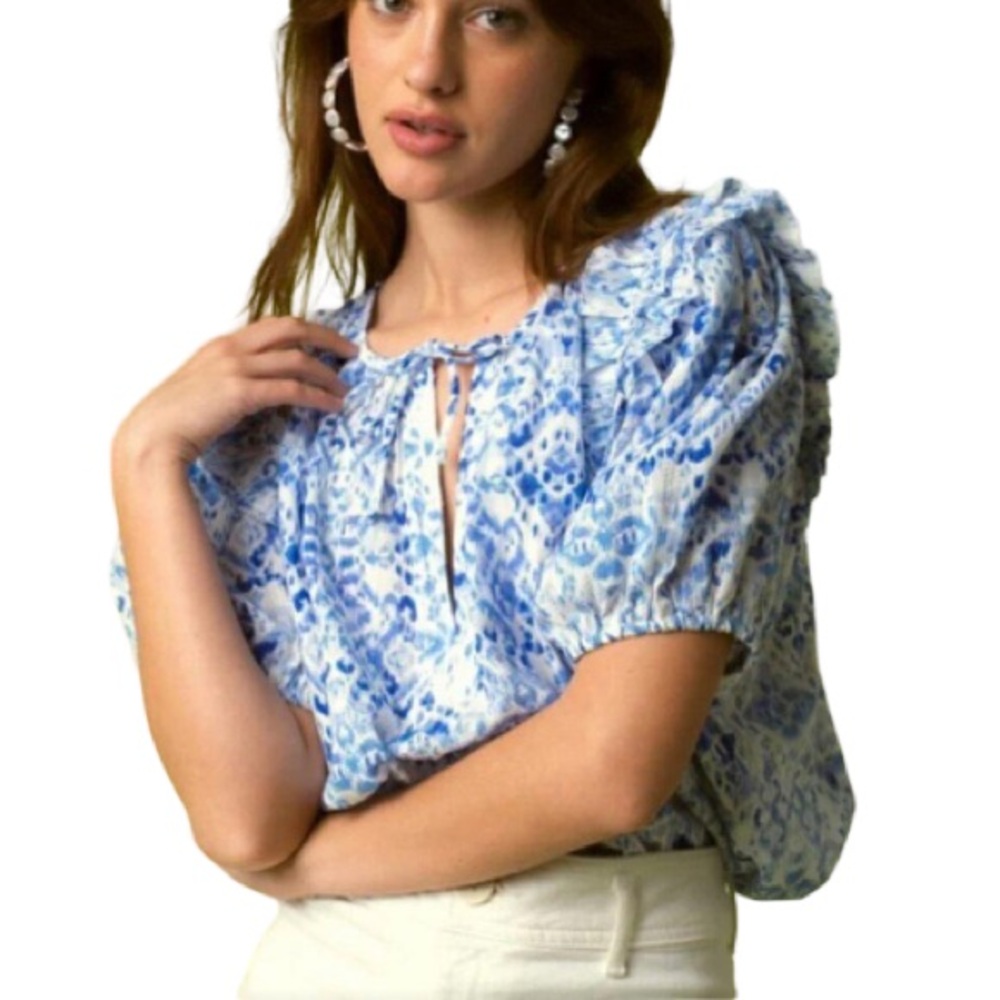 Olivaceous Blue and White Puff Sleeve Top - Picture 3 of 8